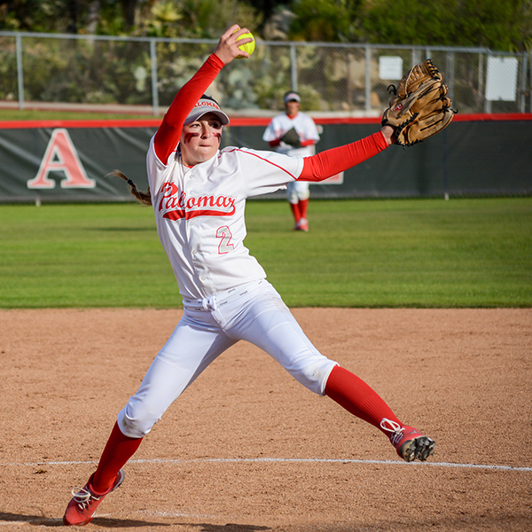 Palomar pitcher Summer Evans #2 delivers a pitch in the fourth inning of a home game against San Diego Mesa College on Feb. 11, 2015. (Seth Jones/The Telescope)