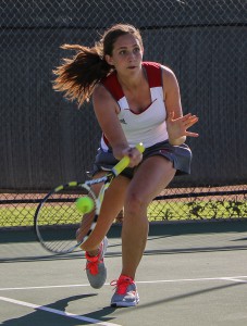 Palomar tennis player Teresa De Anda competes in the women's doubles match against Grossmont College on Feb 10. Dirk Callum / The Telescope