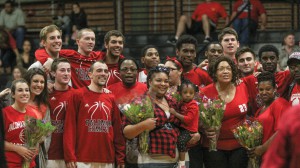 The Palomar College Comet's men's basketball team celebrated their sophomores players; Jeremy Franklin, James Sampson, and K.J. Houston; at the Feb 13 game versus Imperial Valley College. Parents of the sophomores were presented with flowers during a half-time presentation in The Dome. The Comets beat Imperial Valley College 86-68. Dirk Callum/The Telescope
