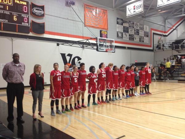Palomar College Women's Basketball lines up prior to their game against Ventura College on March 4, 2015. Photo Credit / Twitter: @vcscolleges