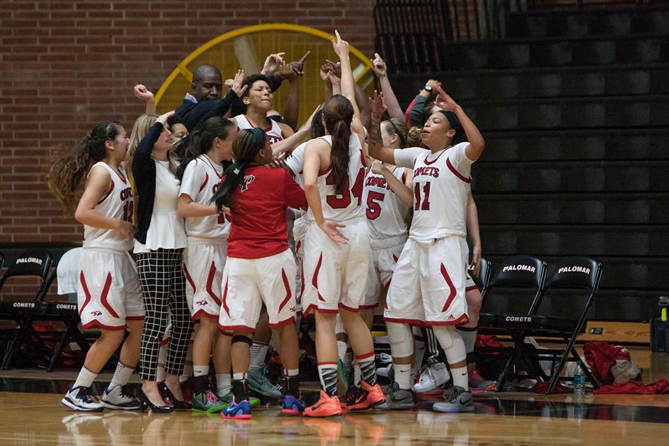 The Palomar women's basketball team celebrates after their game against Long Beach City College during the second round of The California Community College Athletic Association Southern Regional Quarterfinal Playoffs on Feb. 28, 2015 Palomar won the game 51-46. (Claudia Rodriguez/The Telescope)