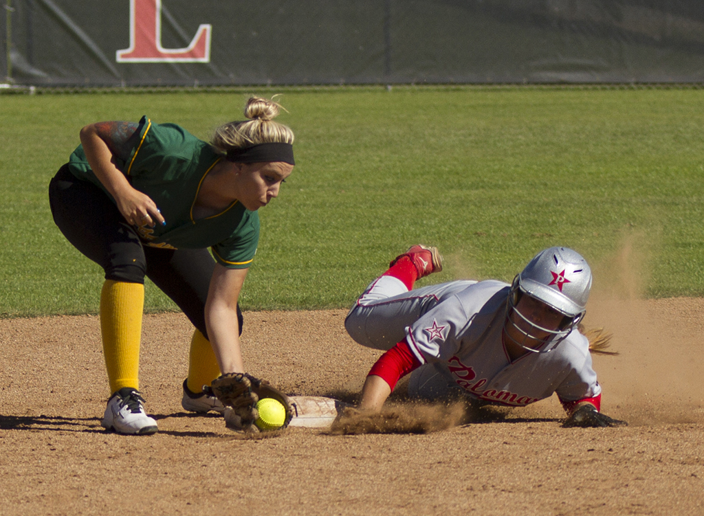 Palomar's Kali Pugh slides safely into second base in the second inning against visiting Grossmont. The Comets ranked number 2 in the state beat the Griffins 11-2 in five inning at home on March 13, 2015. With the win, the Comets improved their record to 17-1-1 (9-0 in PCAC) (Philip Farry/The Telescope)
