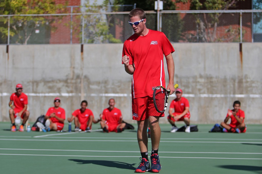 Palomar freshman Christian Corse celebrates after scoring a point in his match against College of the Desert on March 19. / Photo courtesy of Hugh Cox