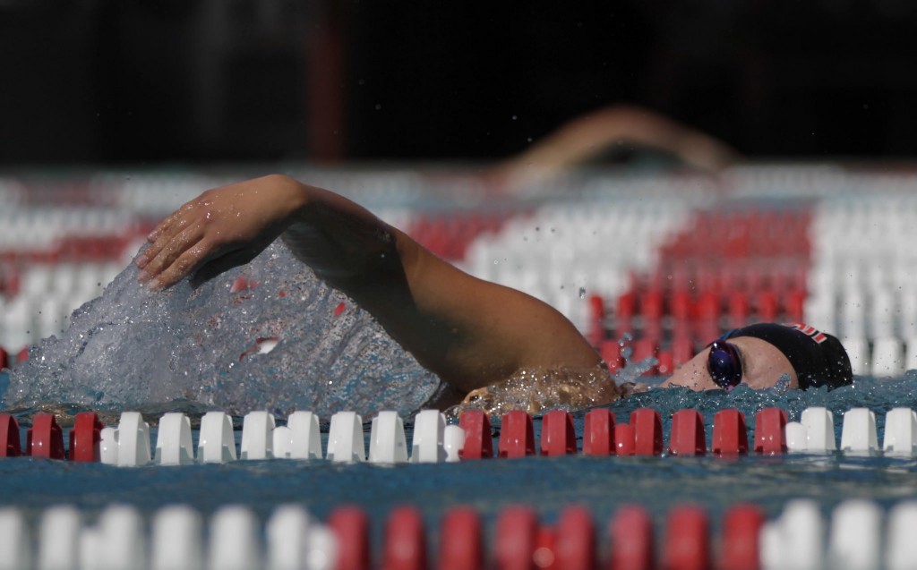 Palomar’s Emilee Foltz swims the 1000 yard freestyle race held Friday 20 March at the Wallace Memorial Pool against visiting Mesa College. The Comets women’s swim team beat the Olympians womens team 137-129, while the Comets men team lost 151-136. Philip Farry / The Telescope.