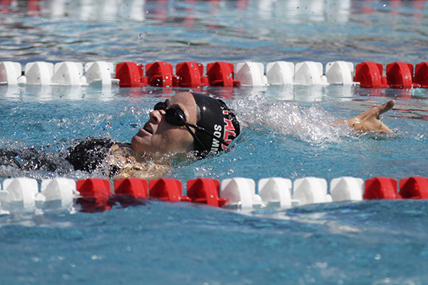 Palomar’s Chelsea Sommer swims the 100 yard Saturday April 18 at Wallace Memorial Pool. The Comets hosted the 2015 Pacific Coast Athletic Conference Men’s/Women’s swimming-diving championships. Philip Farry/The Telescope.