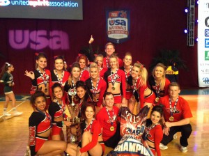Palomar College Cheer Squad pose with their USA Collegiate Nationals Best Small Cheer Team thropy won at the United Spirit Association Collegiate National Championships in Anaheim, Calif. Photo courtesy of Palomar Cheer Squad.