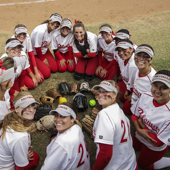Palomar’s softball team goes through their usual pre-game ritual, The Comets played visiting Cerritos College on April 21, 2015. The Comets beat the Falcons 9-1 and finished the year 33-3-1 (17-1 PCAC) and are ranked #1 in Southern California and #2 in the state. (Philip Farry/The Telescope)