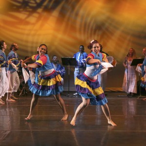 Dancers perform The Conga during the Faculty Dance Concert in the Howard Brubeck Theatre. The piece was choreographed by Patriceann Mead with musical arrangement by Silfredo La O'Vigo and Mark Lamson. Photo courtesy Hugh Cox