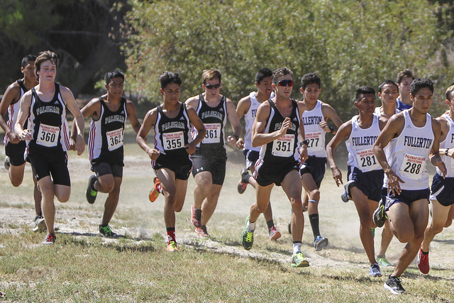 Palomar men’s cross country team (l to r) Grant Sheehan (360), Erick Valazquez (362), Cesar Mayorga (355), James Singler (361), and Kevin Clurkey (351) leave the starting line during the Palomar College Cross Country Invitational held at Guajome Park in Oceanside CA on Sept. 11, 2015. Palomar men finished in tenth place with 272 points. (Philip Farry/The Telescope)