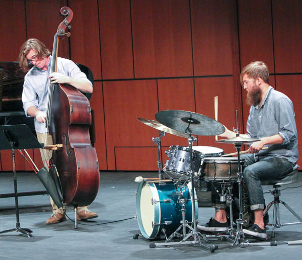 Ed Kornhauser (piano), Mac Leighton (bass) and Matt Smith (drums), of the Matt Smith Trio at Howard Brubeck Theatre for the first Concert Hour of the year at Palomar College, Sept. 3, 2015. (Lou Roubitchek/The Telescope)
