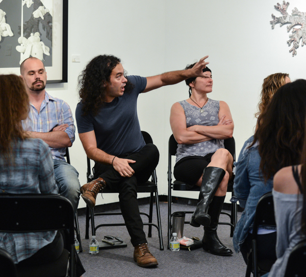 Manny Prieres (center) elaborates about his process during the artists discussion for the recent show “Sharp Contrast” at Palomar College, Tuesday Sept. 22, 2015. Priers talk about his method of creating his works on metal, while panel artists Robert Nelson (far left), Doug Crocco (center left), Iana Quesnell (center right), Marisol Rendon (not visible) and Josh Eggleton (far right) listen on. Brandy Sebastian/The Telescope.