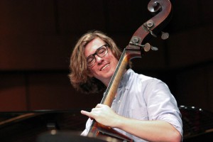 Mac Leighton, playing his bass with the Matt Smith Trio at Howard Brubeck Theatre for the first Concert Hour of the year in Palomar College, Sep. 3, 2015: Lou Roubitchek/ The Telescope