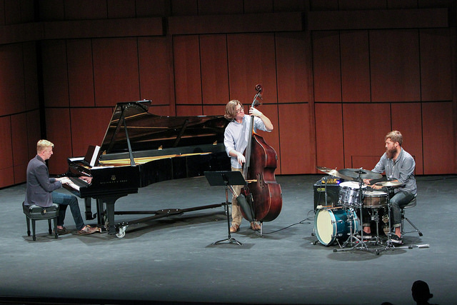 Ed Kornhauser (piano), Mac Leighton (bass) and Matt Smith (drums), of the Matt Smith Trio at Howard Brubeck Theatre for the first Concert Hour of the year at Palomar College, Sep. 3. Lou Roubitchek/ The Telescope