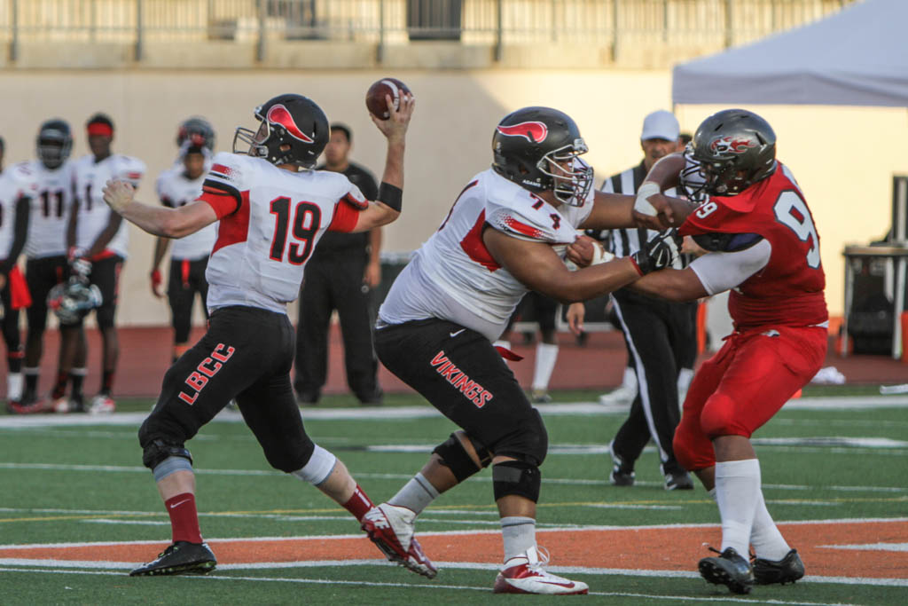 Palomar’s Arnold Vo’a (99) rushes to sack the quarterback during the first half against visiting Long Beach City College. The Comets were defeated 27-17 Sep 12 at Wilson Stadium in Escondido California. Philip Farry / The Telescope