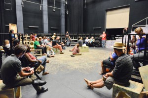 Scholars, students and actors gather at the Black Box Theater following the evenings performance, “The Good Person of Setzuan”, in a “Coffee Talk” discussion of theories and ideas hidden within the play, Palomar College, Thursday, Oct. 8, 2015. Brandy Sebastian/the Telescope