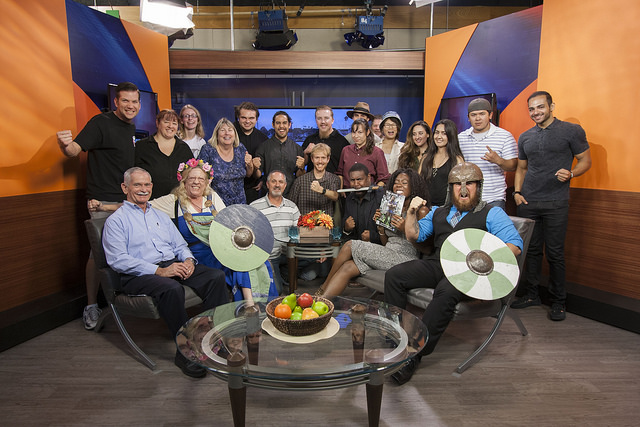 The cast and production crew of Palomar Live pose for a group photo with some of the guests featured during the September 24 taping of the show. The student-produced live morning show broadcasts Thursdays at 9:30 a.m. from the Palomar College PCTV Studios. (Claudia Rodriguez/The Telescope)