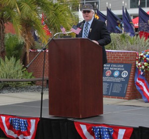 Palomar Dean of Counseling Services Brian Stockert, a Marine Corps veteran addresses the audience as the keynote speaker at the Veterans Day Ceremony, on the quad Nov. 10, 2015. Lou Roubitchek / The Telescope