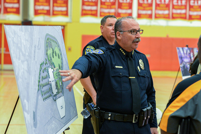 Mark DiMaggio, Chief of Police at Palomar Community College, answers questions from neighbors of the proposed South Camus in Rancho Bernardo. The community forum was held at Mt. Carmel High School on Wednesday, Oct 28. Justin Gray/The Telescope