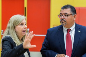 Laura Gropen, Director of Public Affairs, speaks with Adrian Gonzales, Interim President of Palomar Community College at a community forum held at Mt. Carmel High School on Wednesday, Oct 28. Justin Gray/The Telescope