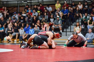 Palomar’s No. 1-ranked, Alex Graves, matches up against Santa Anna College wrestler, Ty Freeman at the Dome, Oct. 28, 2015. Brandy Sebastian/The Telescope