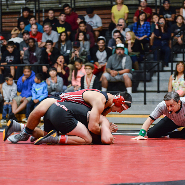 Palomar’s No. 1-ranked, Alex Graves, matches up against Santa Anna College wrestler, Ty Freeman at the Dome, Palomar College, Wednesday, Oct. 28, 2015. Graves's fast pace agility wins him the match by pin in 3 min. 41 sec. which assists Palomar in their final team score of 32-9. Brandy Sebastian/The Telescope