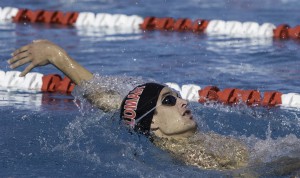 Palomar's Neal Gorman swims a leg of the Men's 350 yard Backstroke Relay event during the 2016 Waterman Festival Relays at the Wallace Memorial Pool on Feb. 6. Palomar men swam a time of 3.49.67 and it earned them second place. Niko Holt/ The Telescope 