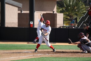 Palomar first baseman Marc Sauceda smacks a grounder to center left field bringing in three runs in the first inning on Feb. 23 against Glendale College. Sergio Soares/ The Telescope