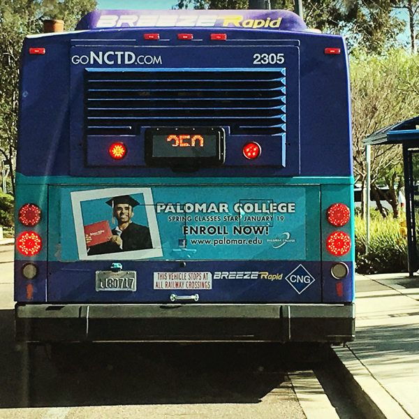 Palomar College advertising on the back of a North County Transit District bus on Feb. 11, 2016. (Tracy Grassel/The Telescope)