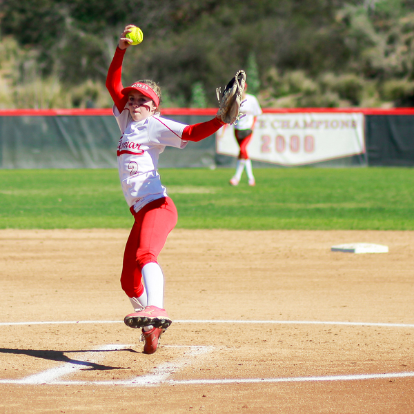 Palomar's Summer Evans pitches against Citrus College in the first game of the double-header on Feb 5, 2016 at Palomar College. The Comets won the game 8 - 0 on strong hitting in the bottom of the 4th. (Stephen Davis/The Telescope)