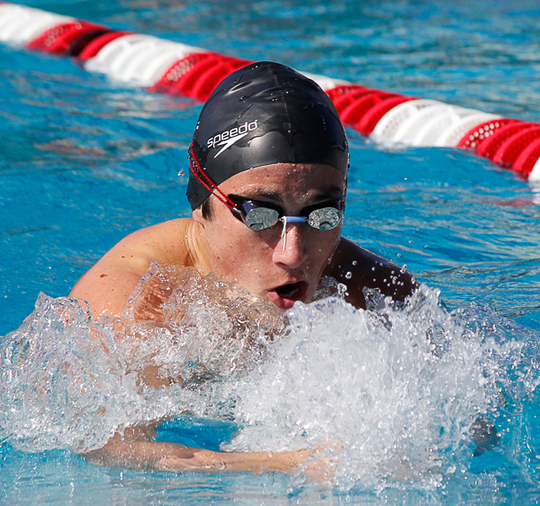 Palomar's Ryan McCauley swims a leg of the men's 350-yard breastroke relay event during the 2016 Waterman Festival Relays at the Wallace Memorial Pool on Feb. 6, 2016. Palomar men swam a time of 4.02.97 and earned it them first place. (Coleen Burnham/The Telescope)