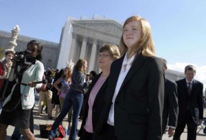 Abigail Fisher, the Texan involved in the University of Texas affirmative action case, walks outside the Supreme Court in Washington, Wednesday, Oct. 10, 2012. (AP Photo/Susan Walsh)