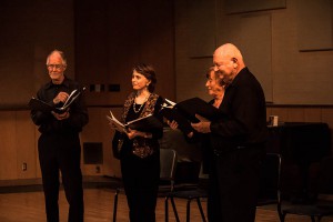 The Early Music Ensable of San Diego, Phillip Larson (Left), Constance Lawthers (second to left), Elisabeth Marti (third to left) and John Peeling (right), brought an a capella folk influence to concert hour Thursday March 3, 2016. Olivia Meers/The Telescope