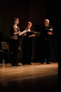 The Early Music Ensemble of San Diego, Constance Lawthers (left), Elisabeth Marti (second to left) and John Peeling (right), Phillip Larson (not seen), brought an a capella folk influence to concert hour Thursday March 3, 2016. Olivia Meers/The Telescope 