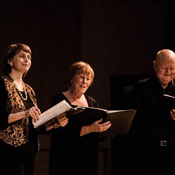 The Early Music Ensemble of San Diego, Constance Lawthers (l), Elisabeth Marti (second to left) and John Peeling (r), Phillip Larson (not seen), brought an a capella folk influence to concert hour on Thursday, March 3, 2016. (Olivia Meers/The Telescope )