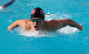 Palomar's Hayden McCauley swims the Men's 200-yard butterfly during the meet against Mesa at the Mesa College Pool on March 4. McCauley placed second with a time of 2.16.45. Coleen Burnham/The Telescope