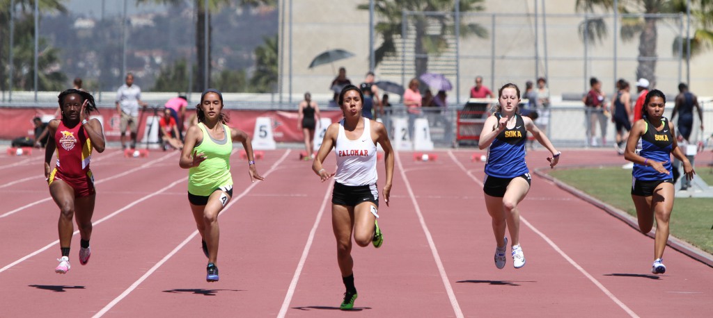 Palomar track and field team participated in the 38th Aztec Invitational Palomar's student Deyanira Lopez Lane #3. Running the 100 meters at the Aztec Track at the San Diego State University Sports Deck. March 25, 2016 Johnny Jones/The Telescope.