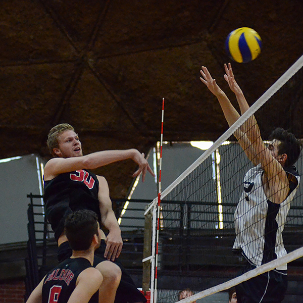 Palomar College middle blocker Carston Nyenhuis (30) spikes the ball past Grossmont College Griffins defender Dylan Hall (12) during the March 30, 2016 game at the Dome. Palomar lost 3-1. (Tracy Grassel/The Telescope)