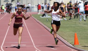 Palomar track and field team participated in the 38th Aztec Invitational Palomar's student Antoinette Ancrum Lane #1. Time 13:57 Running the 100 meters at the Aztec Track at the San Diego State University Sports Deck. March 25, 2016 Johnny Jones/The Telescope.