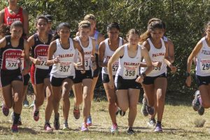 Palomar’s Valeria Ramirez (357), Laura Jones (353), Savannah Gual (352), Riley Chapman (350), and Janette Perez (356) take off during the start of the Palomar College Cross Country Invitational held at Guajome Park in Oceanside CA on Sept 11. Palomar women’s team finished in fifth place with 104 total points.  Philip Farry / The Telescope