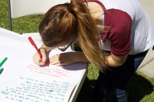 Palomar student Jamie Watson, undeclared major writes her opinion on the display at the Join The Conversation table set up by faculty in response to the Pro-Life display. Michael Schulte/The Telescope 