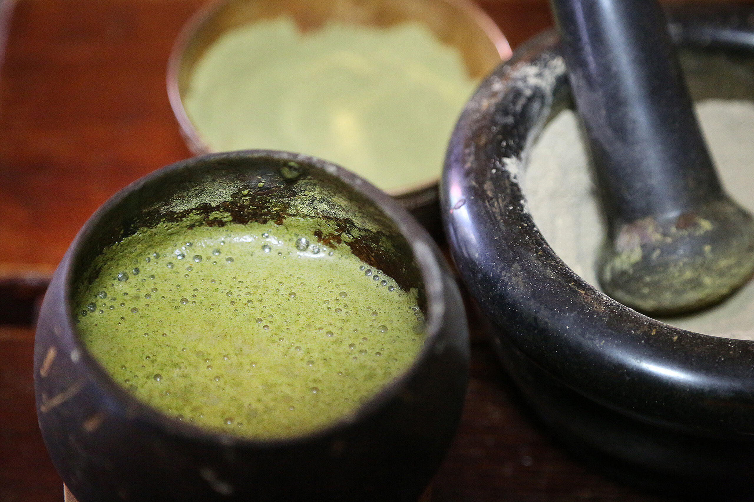 A black mortar and pestle with green thick liquid inside the mortar.