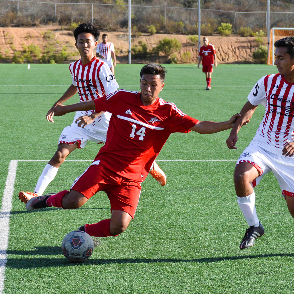 Palomar midfielder Gilberto Vasquez (14) takes a shot on goal late in the second half vs College of the Desert. Oct. 7, 2016 on Minkoff Field. (Dylan Halstead/The Telescope)