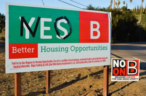 Opponents of San Diego County’s Measure B scribble NO with black tape along a YES on Measure B sign. Measure B would allow for the development of 1,700 homes north of Escondido. Oct 19th San Marcos, CA. Dylan Halstead/The Telescope