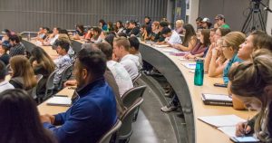 Students listen to Angel Garcia, Temecula City Council candidate and election campaign Strategist who gave a talk titled “Who Wrote Melania Trump’s Speech: Political Originality in Campaigns” at the Political Economy Lecture on Oct. 27. Joe Dusel / The Telescope.