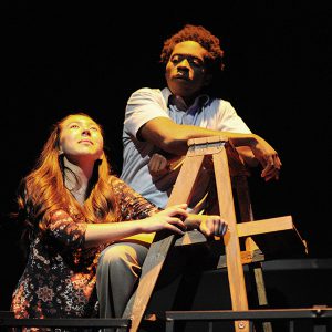 Palomar students, Macy Weinfurter and Kofialta Oforiand, playing the roles of sister and brother Rebecca and George Gibbs, for their final dress rehearsal for school production “Our Town” at the Palomar Studio Theatre on Oct. 6. Idmantzi Torres/ The Telescope