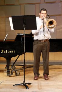 Trombone player Brian O'Donnell perfoms at Concert Hour on Nov. 2. at the Performance Lab. O'Donnell was accompanied by Coleen Burnham/The Telescope