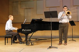 Trombone player Brian O'Donnell (right) and Steven Gray (piano) perform at Concert Hour on Nov. 2. at the Performance Lab. Coleen Burnham/The Telescope