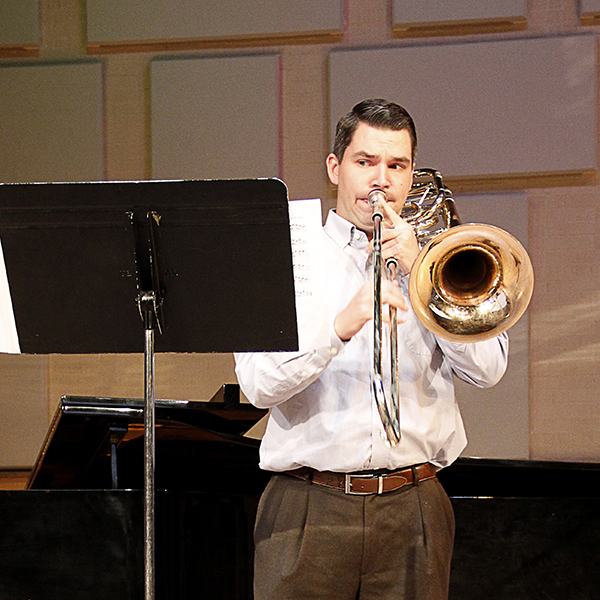 Trombone player Brian O'Donnell perfoms at Concert Hour on Nov. 2. at the Performance Lab. O'Donnell was accompanied by Coleen Burnham/The Telescope
