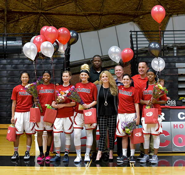 Palomar's recognized it sophomores, prior to defeating College of the Desert Roadrunners 95 to 26 at the dome Feb. 15. Johnny Jones/The Telescope