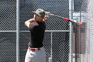 Cameron Haskell hits the ball at practice on March 30 at the Palomar College Ballpark.  Coleen Burnham/The Telescope